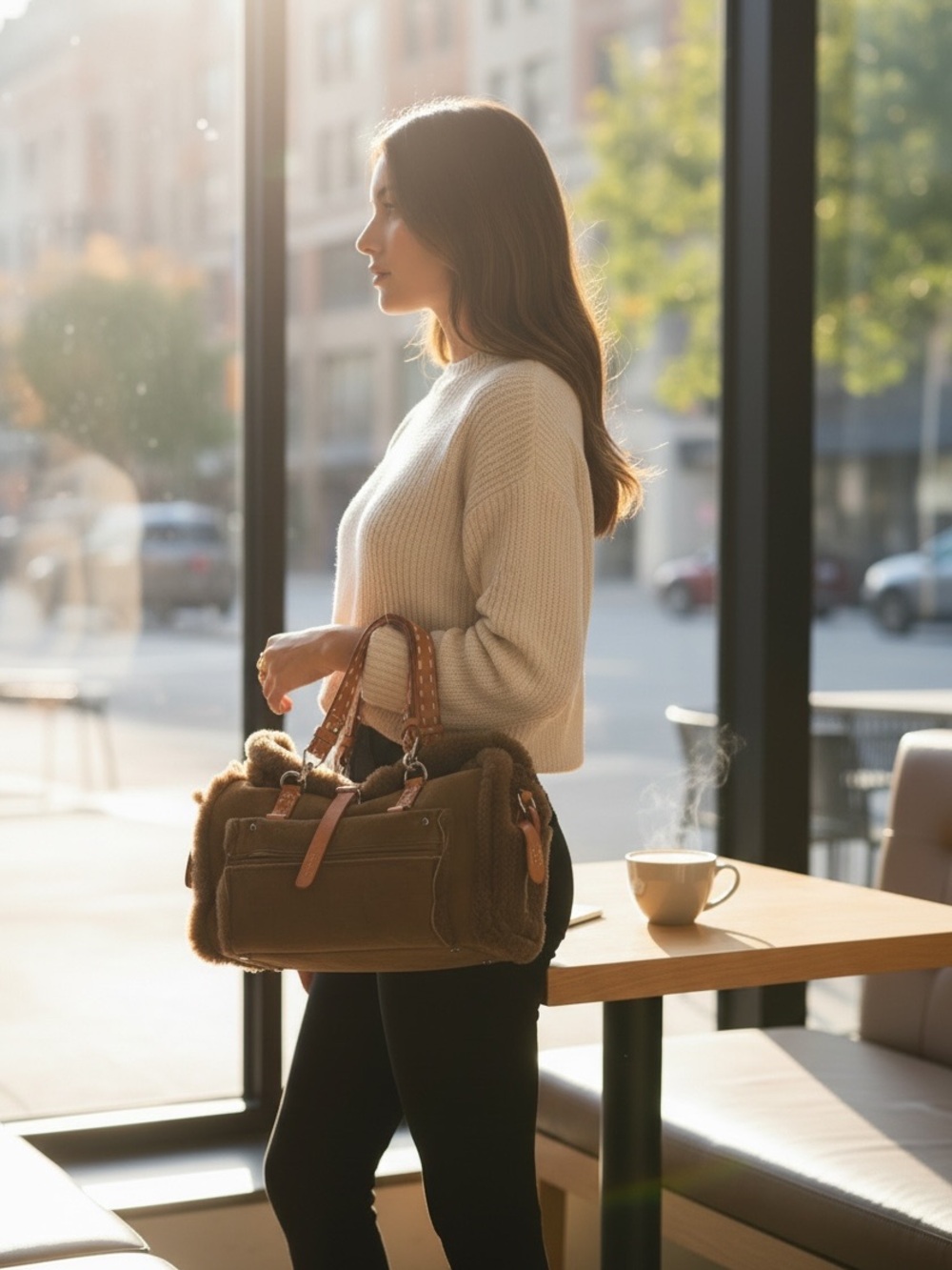 DKNY Brown Faux-Shearling Satchel with Leather Accents
